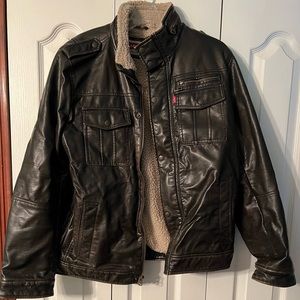 Mens Faux Leather and Shearling Bomber Jacket